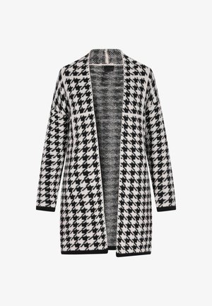 Juoda ir balta houndstooth raštuota kardiganas, atviras priekis, ilgomis rankovėmis, megztas audinys su subtiliu tekstūru ir juodu apvadu prie kraštų.