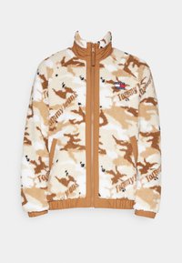 Giacca in pile con motivo camouflage beige e marrone, colletto alto, zip intera e polsini ribattuti. Patch con logo sul lato sinistro del petto.