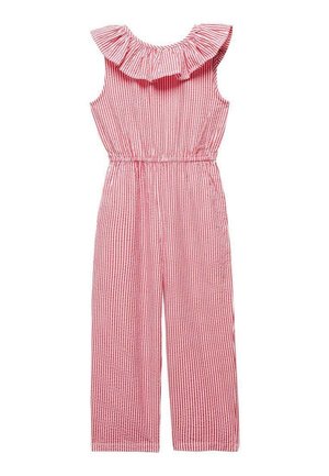 Combinaison sans manches à rayures verticales roses et blanches, avec col à volants et taille élastique, pantalon à jambes larges.