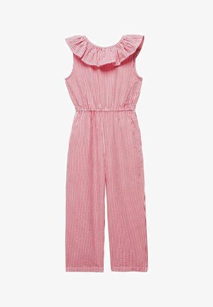 Ärmelloser Jumpsuit mit rosa-weißen vertikalen Streifen, gerafftem Kragen und elastischem Taillenbund, Hosen mit weitem Bein.