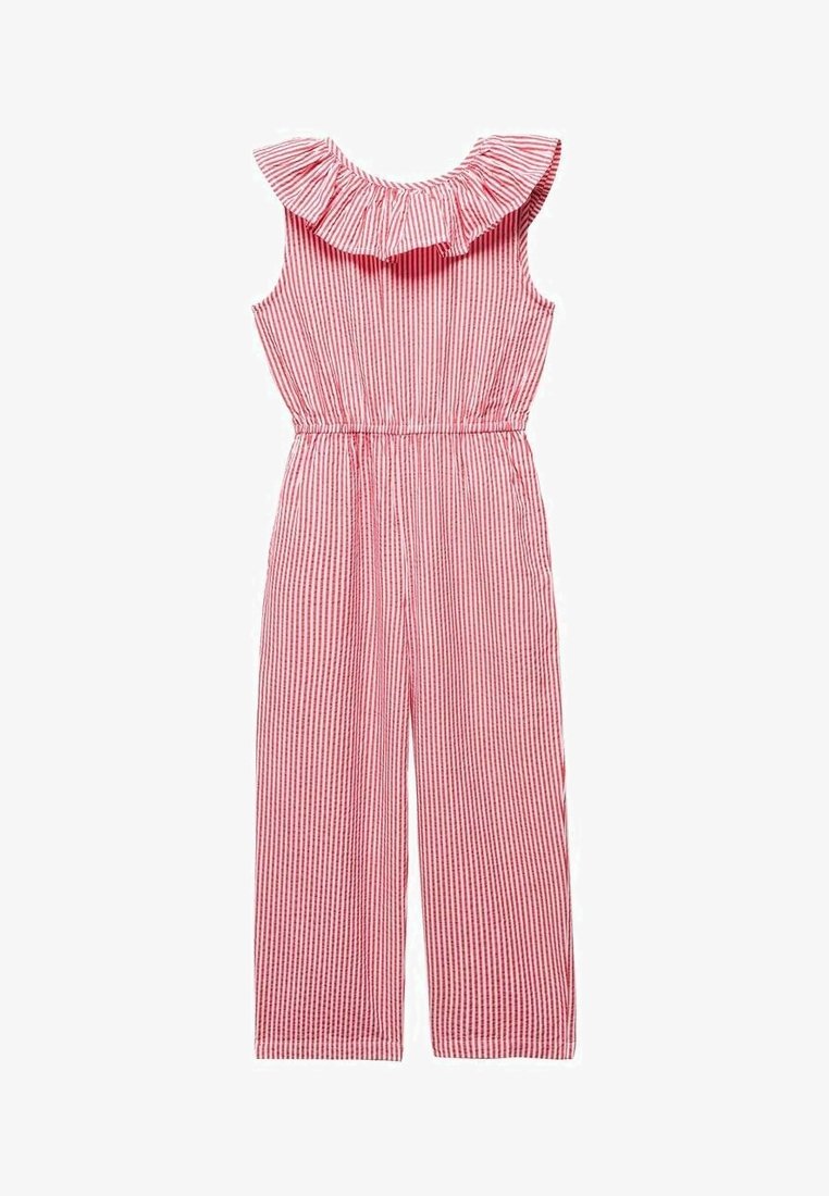 Combinaison sans manches à rayures verticales roses et blanches, avec col à volants et taille élastique, pantalon à jambes larges.