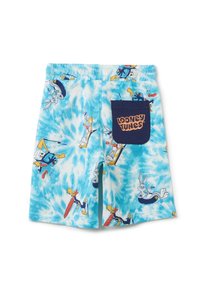 Bañadores de tie-dye azul con personajes de Looney Tunes, con una cinturilla elástica y un bolsillo azul marino que muestra el logotipo.