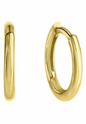 Goldfarbene Creolen mit einem glatten, runden Design, ausgestattet mit einer polierten Oberfläche und einem eleganten, nahtlosen Verschluss.