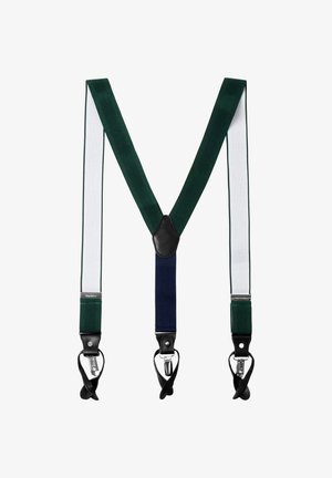 Bretelles réglables à dos en Y, vert foncé et bleu marine, avec des sangles intérieures blanches, des boucles de bouton en cuir noir et des attaches à clip argentées.