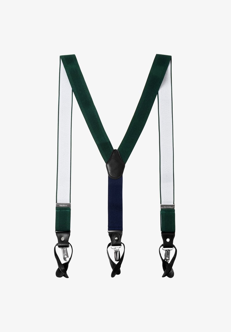 Bretelles réglables à dos en Y, vert foncé et bleu marine, avec des sangles intérieures blanches, des boucles de bouton en cuir noir et des attaches à clip argentées.