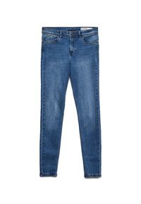 Tynne blå denimjeans med medium vask, fem-pocket design, knappestegning og subtile slitasjedetaljer foran.