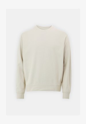 Light beige sweatshirt made of soft fabric with a crew neck, long sleeves, and ribbed cuffs and hem. Minimalist design, no visible patterns.