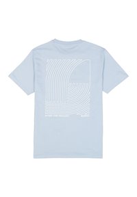 Camiseta de algodón azul claro con diseño gráfico de líneas blancas en la parte posterior, incluyendo líneas curvas y texto que dice "personas con carácter."