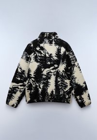 Sudadera de forro polar negra y crema con un patrón de montaña y bosque, cuello alto y corte relajado con hombros caídos y puños elásticos.