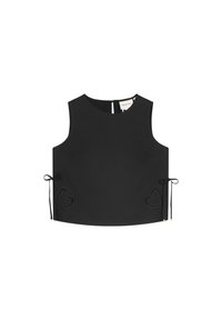 Zwarte mouwloze top met een ronde halslijn, zijkikkers en hartvormige uitsnijdingen aan de zoom, gemaakt van gladde stof.