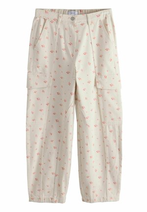 Cremefarbene Cargohosen mit kleinem pinkfarbenem Blumendruck, vorderer Knopf- und Reißverschluss, seitlichen Klappentaschen und elastischen Bündchen.