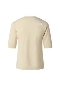 T-shirt beige à manches courtes en tissu texturé, avec un petit logo blanc dans le dos et un col rond.