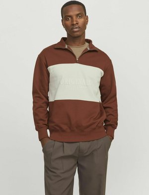 Brauner und hellgrüner Zip-Hoodie mit dem Text "ORIGINALS" auf der Vorderseite, ausgestattet mit einem hohen Kragen und gerippten Bündchen.