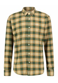 Camisa de hombre de manga larga tipo botón con un patrón de cuadros en verde, beige y marrón, que presenta un pequeño logo blanco "forét" en el pecho.