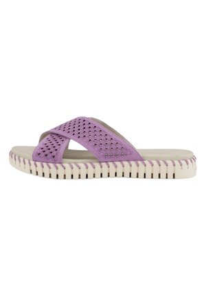 Purple slide sandal with a textured upper featuring cut-out designs, lightweight beige sole with subtle grooves.