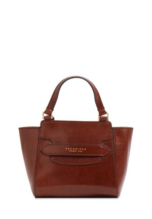 Borsa a mano in pelle marrone con manici superiori e logo dorato "THE BRIDGE FIRENZE 1969" sul davanti, forma trapezoidale strutturata.