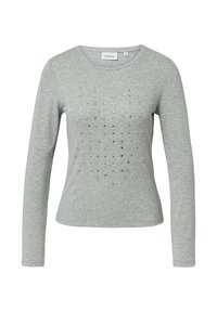 Graues langärmliges Shirt aus weichem Stoff, mit einem Frontdesign aus runden silbernen Nieten in einem Gittermuster. Rundhalsausschnitt.
