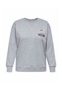 Felpa grigia con maniche lunghe, collo a giro, caratterizzata da un fiocco decorativo e la scritta "CONTINUA A SORRIDERE" ricamata sul petto.
