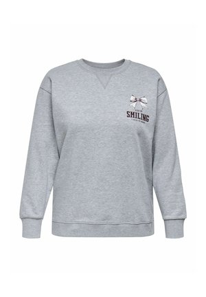 Grauer Sweatshirt mit langen Ärmeln, Rundhalsausschnitt, verziert mit einer dekorativen Schleife und dem aufgestickten Text "WEITER LÄCHELN" auf der Brust.