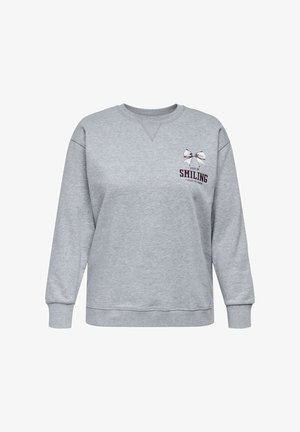 Grijze sweatshirt met lange mouwen, ronde hals, voorzien van een decoratieve strik en de tekst "KEEP ON SMILING" geborduurd op de borst.