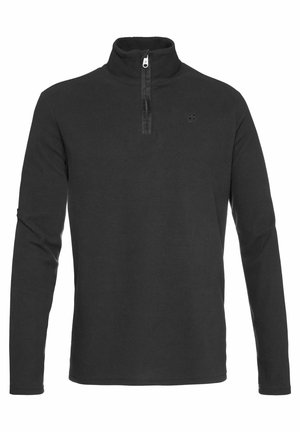 Zwarte fleece pullover met rits en lange mouwen, voorzien van een verhoogde kraag, ritsafsluiting en een subtiel logo op de borst. Zachte textuur.