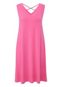 Różowa sukienka bez rękawów z dekoltem w kształcie litery V, posiadająca krzyżujące się plecy. Wykonana z miękkiego materiału, ma luźny krój i zaokrąglony dół.