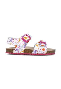 Sandalias para niños con tirantes de patrón floral blanco, hebillas rosas, planta de corcho y suela de goma rosa.
