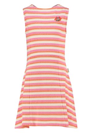 Gestreepte jurk met een uitlopende vorm, in pasteltinten roze, oranje en crème. Getailleerd met een geribbelde textuur en een ronde hals met een logodetail.