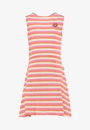 Robe rayée à coupe évasée, présentant des couleurs pastel rose, orange et crème. Texture côtelée et encolure ronde avec un détail de logo.