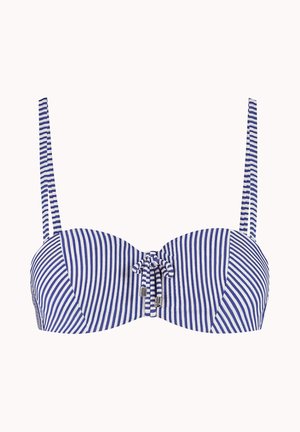 Blauw-wit gestreept bikinibovenstuk met dunne verstelbare schouderbandjes en een klein strikje aan de voorkant in het midden.