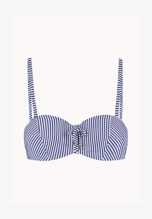 Blauw-wit gestreept bikinibovenstuk met dunne verstelbare schouderbandjes en een klein strikje aan de voorkant in het midden.