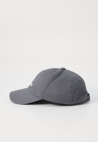 Grey cotton baseball cap with a curved brim, six-panel design, and adjustable strap at the back. Subtle stitching details on the crown.