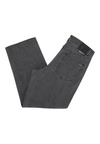 Grijze denim jeans met een rechte pijp, voorzien van een enkele achterzak, subtiele stiksel en een leren merkpatch op de taille.