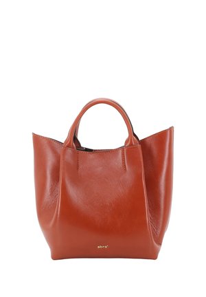 Brown leather handbag with two short handles and gold logo "abro" on the front, displayed against white background.