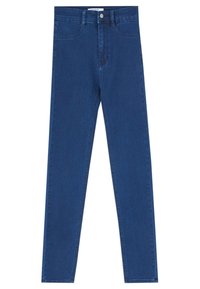Jean skinny en denim bleu foncé avec une taille haute. Dispose d'une fermeture à boutons et de cinq poches. Tissu à la texture lisse et coupe classique.