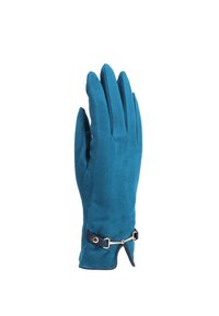 Guanto in suede teal con design aderente, cinque dita e una cinghia in pelle fissata con un accento in metallo dorato vicino al polso.