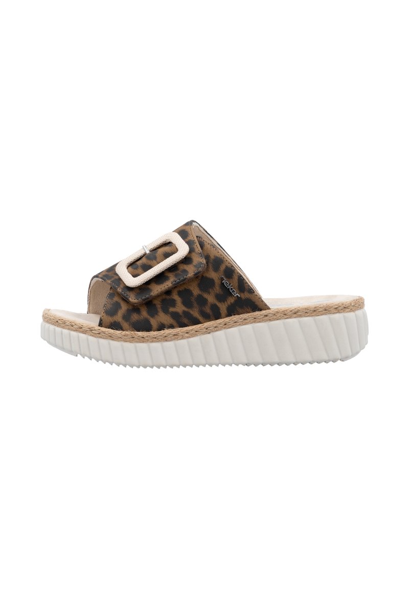 Sandaler i leopardtryck med bred rem som har en dekorativ spänne, strukturerad vit sula och detaljer i jute-liknande kant.
