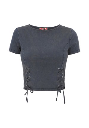 Dunkelgraues Kurzarm-Cropped-Top mit seitlicher Schnürung und rundem Ausschnitt.