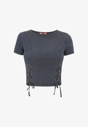 Dunkelgraues Kurzarm-Cropped-Top mit seitlicher Schnürung und rundem Ausschnitt.