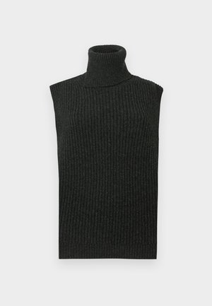 Juodas gobtuvas be rankovių su ribotu aukštu apykakliu ir tekstūruota medžiaga, pasižymintis aptempta forma ir vientisos spalvos dizainu.