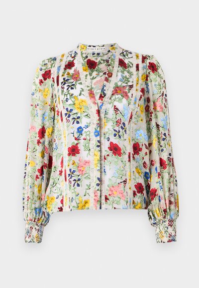 Floral blouse with long, puffed sleeves, made of sheer fabric. Features multicolored flowers, lace trim, and elasticized cuffs.