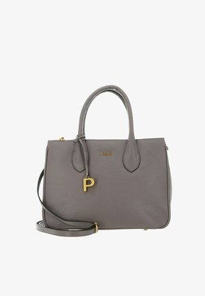 Gray leather handbag with dual handles, detachable shoulder strap, gold logo "P" charm, and textured surface. Features polished hardware accents.