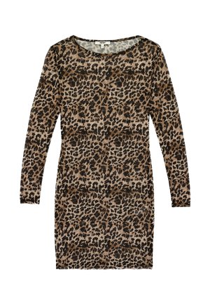 Vestido de manga larga, hasta la rodilla, con cuello redondo y un estampado de leopardo en tonos marrón y negro.
