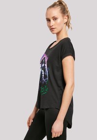 Black short-sleeve T-shirt with a round neckline, featuring a colorful graphic print and text on the front. Relaxed fit and slightly longer back.