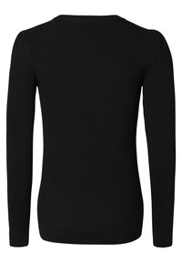 Zwarte ribbelige lange mouwen top met een ronde hals, voorzien van iets opgeblazen schouders en een aansluitende silhouet. Glad oppervlak door het hele kledingstuk.