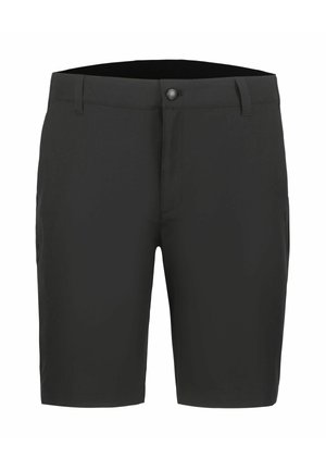 Schwarze, knieumspielende, maßgeschneiderte Shorts mit Gürtelschlaufen, einem vorderen Knopf und Reißverschluss, präsentiert vor weißem Hintergrund.