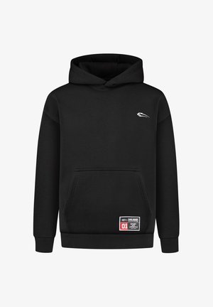 Black sweatshirt with a hood, front pocket, ribbed cuffs, and hem. Features a small white logo and a tag with red accents. Soft texture.