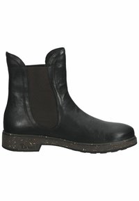 Schwarze Leder-Ankle-Boots mit elastischen Seitenpaneelen, texturiertem Obermaterial und gesprenkelter Gummisohle. Glatte Oberfläche und abgerundete Zehenform.