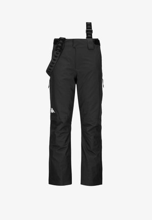 Pantaloni neri impermeabili con spalline regolabili, tasche laterali con zip e ginocchia rinforzate. Presenta un logo sulla coscia sinistra. Texture liscia.