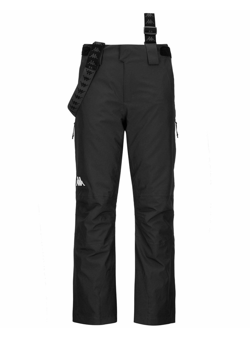 Pantaloni neri impermeabili con spalline regolabili, tasche laterali con zip e ginocchia rinforzate. Presenta un logo sulla coscia sinistra. Texture liscia.